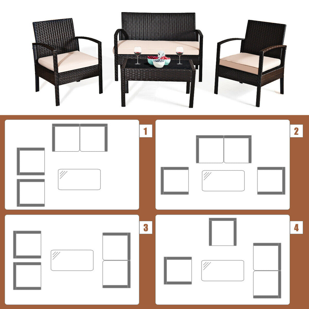 4-Piece Patio Rattan Conversation Set with Loveseat & Coffee Table