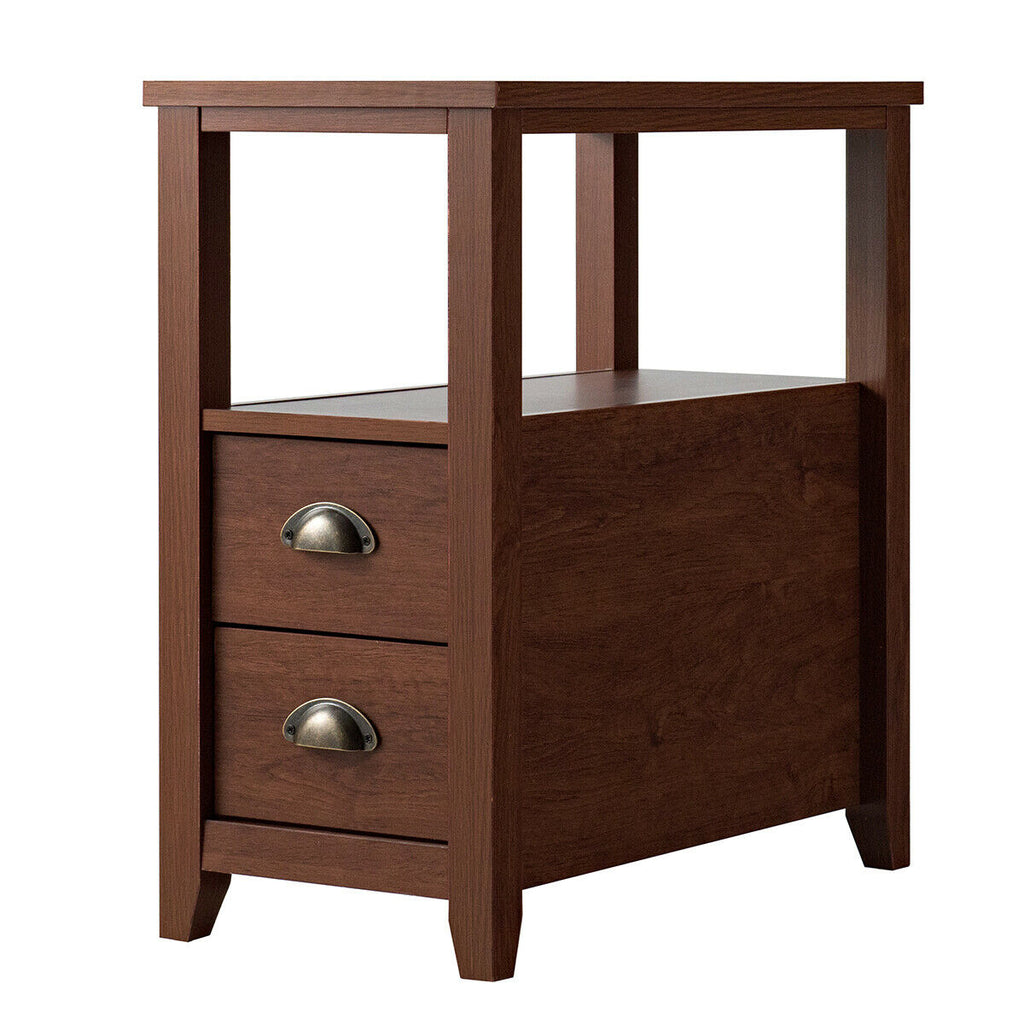 Rectangular Nightstand with 2 Drawers & Shelf, Brown