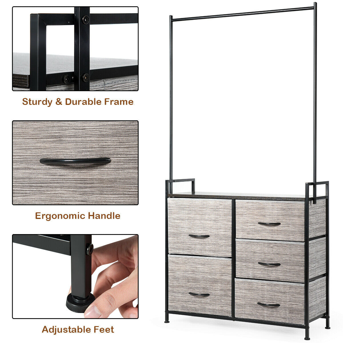5 Fabric Drawer Dresser with Metal Frame and Wooden Top