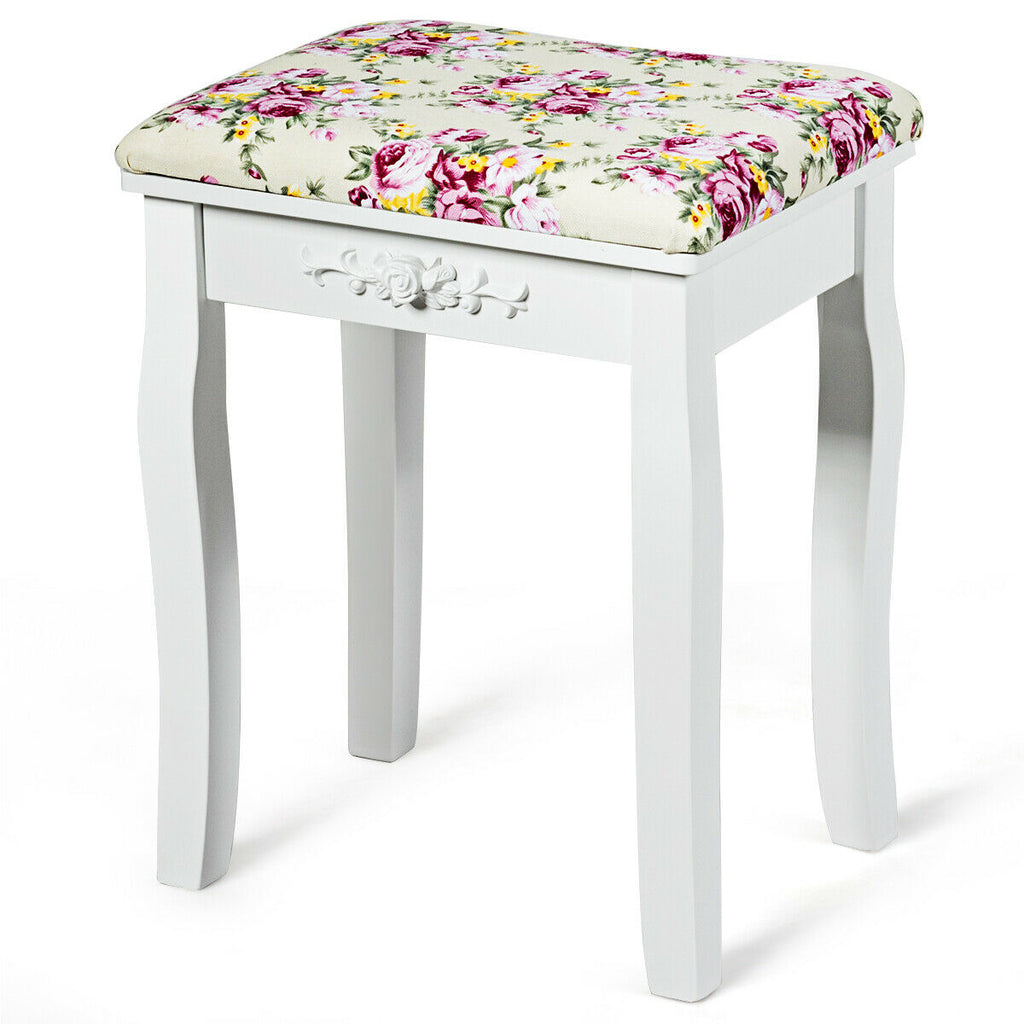 Vanity Wood Dressing Stool with Rose Cushion - White