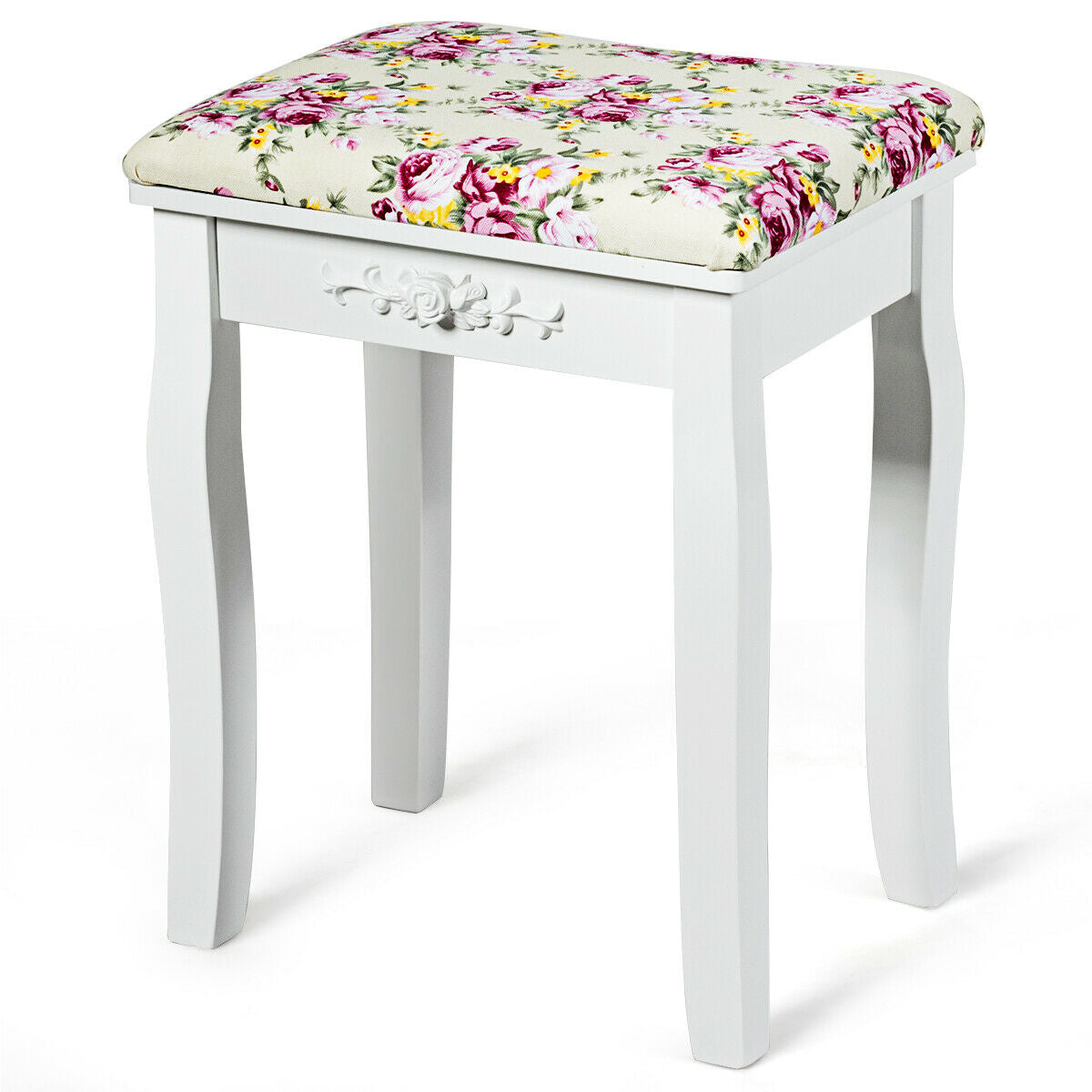 Vanity Wood Dressing Stool with Rose Cushion - White