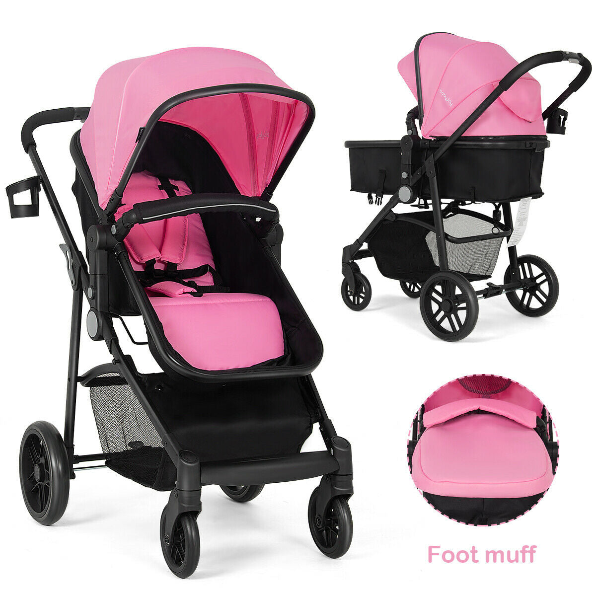 2-in-1 Foldable Baby Stroller with Cup Holder - Pink, Infant & Newborn
