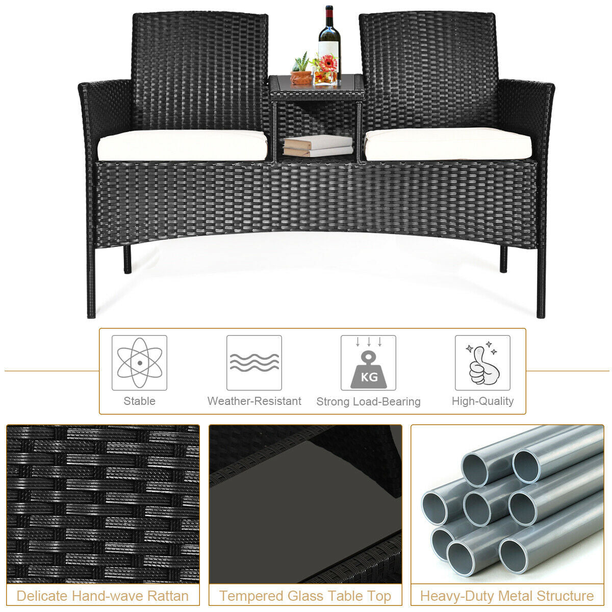 Wicker Patio Conversation Furniture Set with Removable Cushions and
