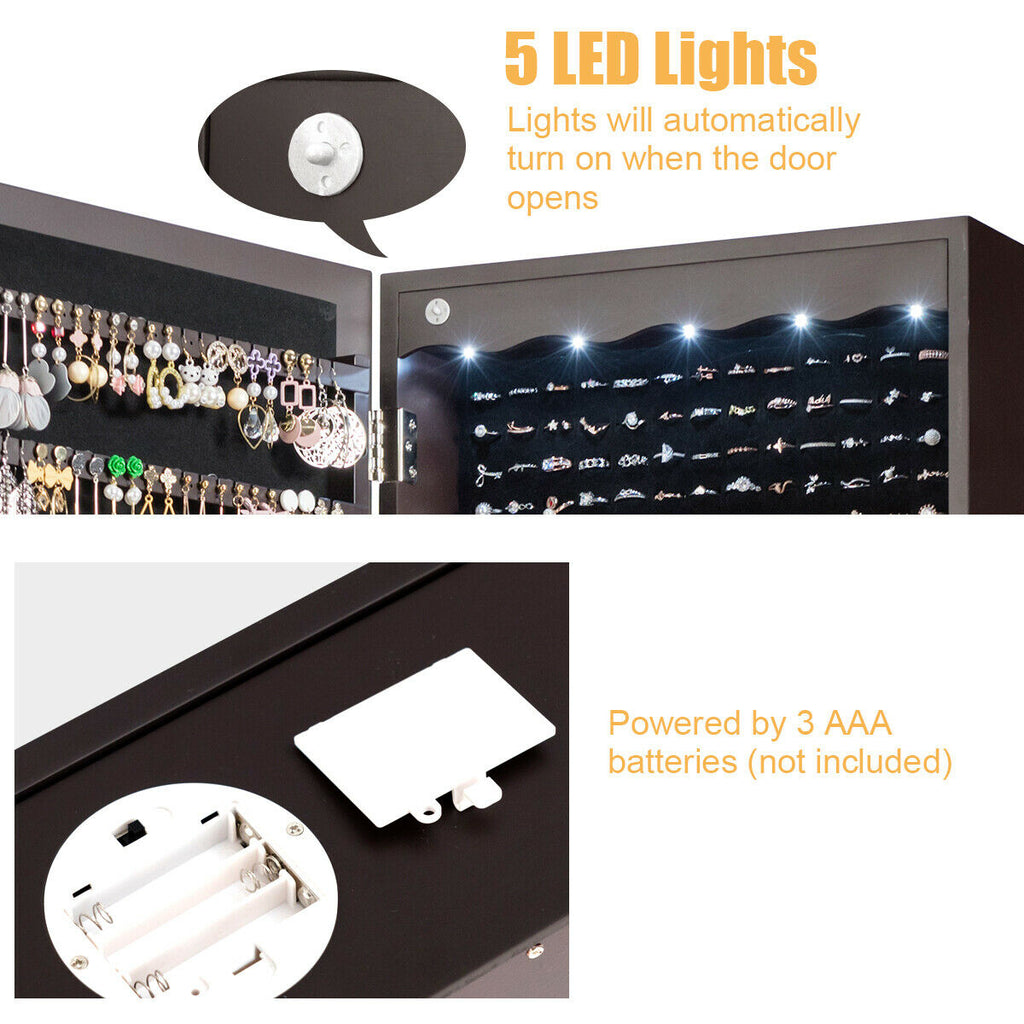 Door Hanging Jewelry Armoire with Full Length Mirror - Brown, 6 LEDs