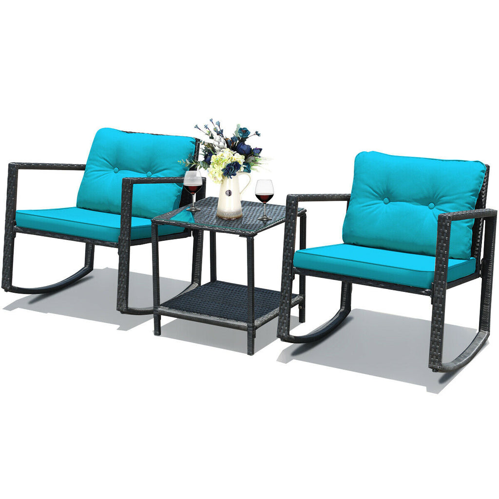 3 Pieces Cushioned Patio Rattan Set with Rocking Chair and Table