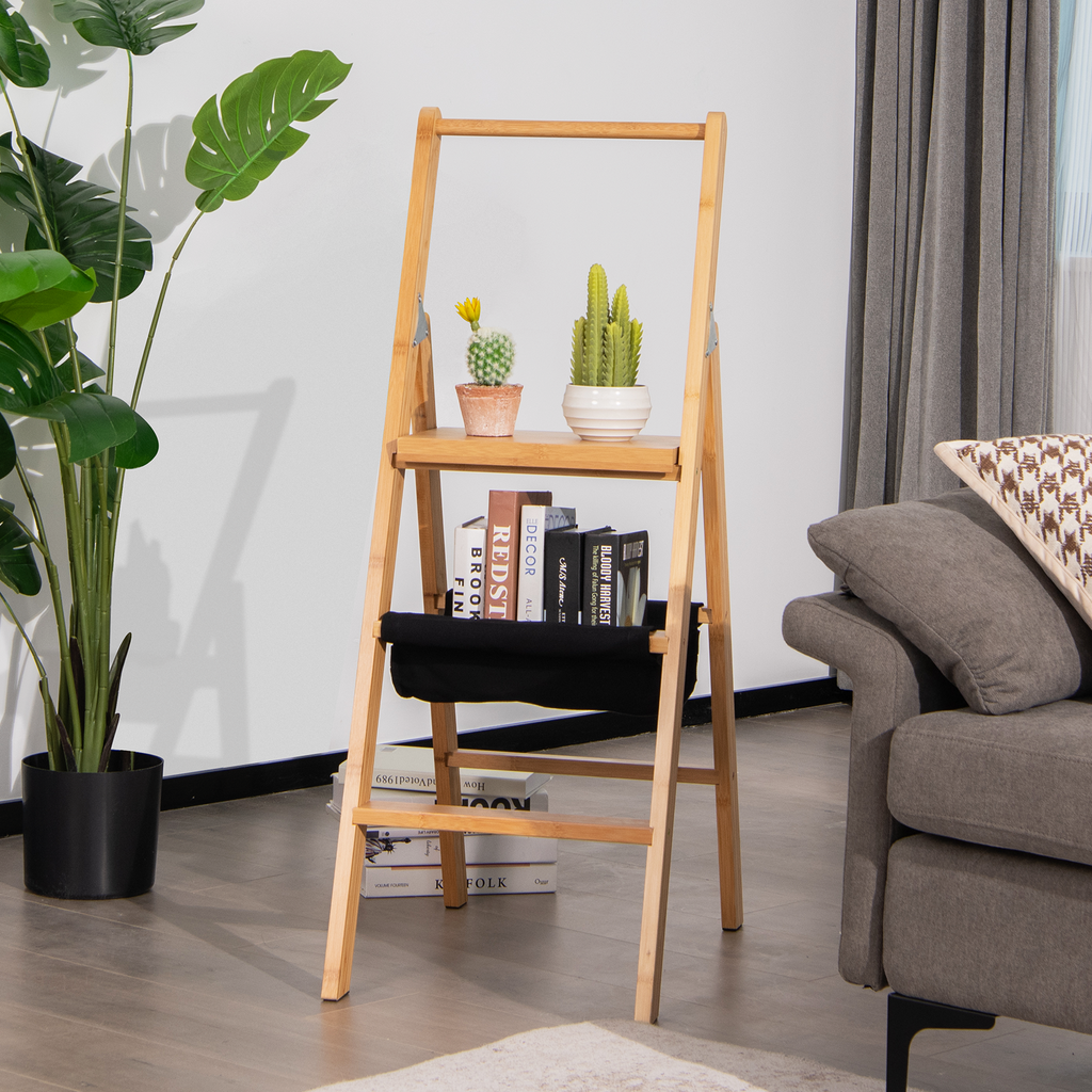 3 Step Foldable Bamboo Ladder Stool with Tool Storage Bag