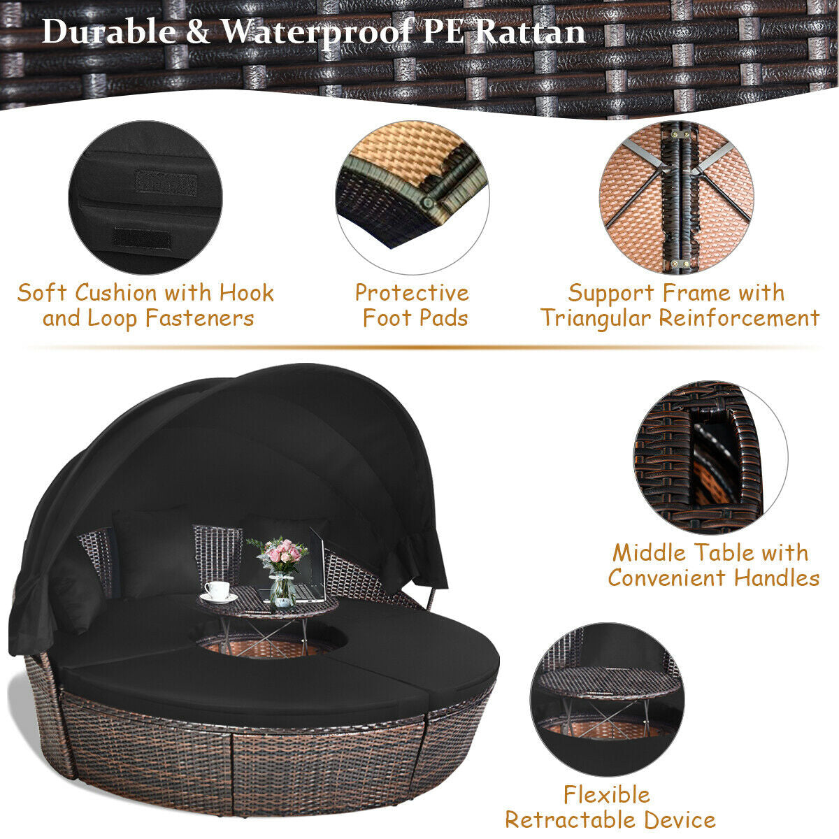 Patio Round Rattan Daybed with Retractable Canopy and Height