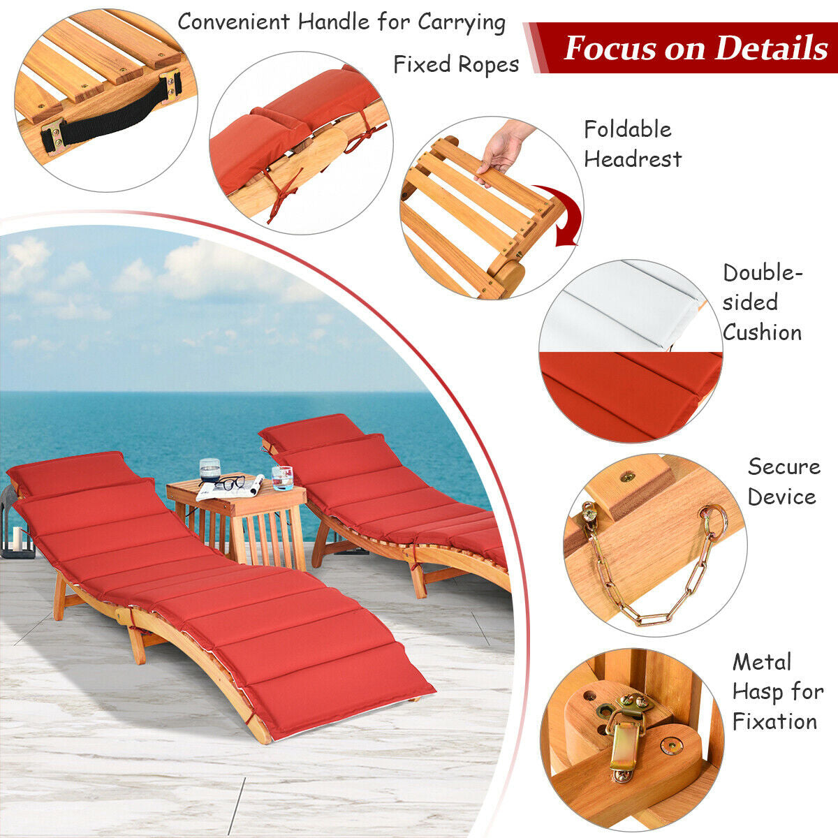 3 Pieces Folding Patio Eucalyptus Wood Lounge Chair Set with Foldable