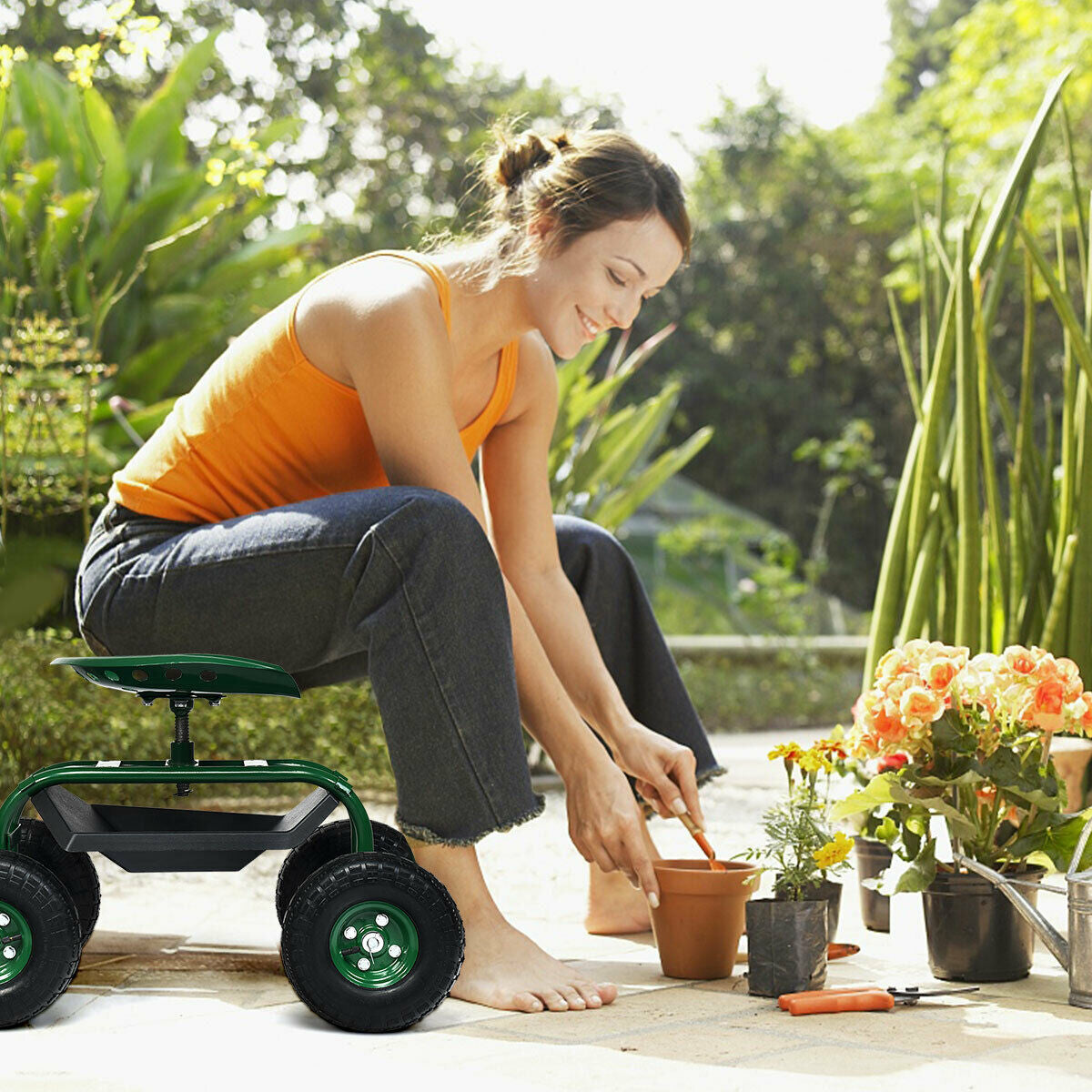 Garden Cart with 360 Swivel Seat & Tool Tray – Green