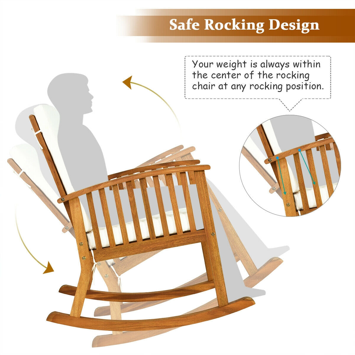 Outdoor Acacia Wood Rocking Chair with Detachable Washable Cushions