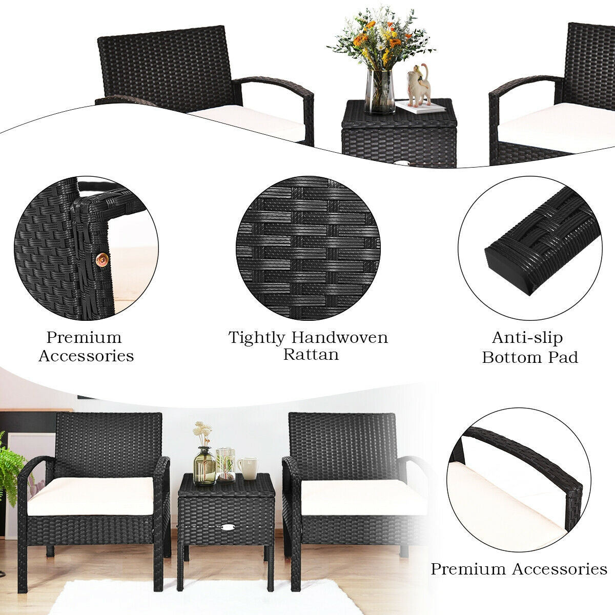 3 Pieces PE Rattan Wicker Sofa Set with Washable and Removable