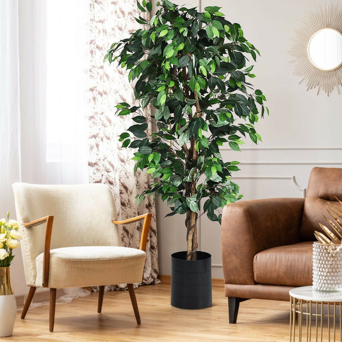 6 Feet Artificial Ficus Silk Tree - Realistic Indoor Outdoor Faux Plant - Costway