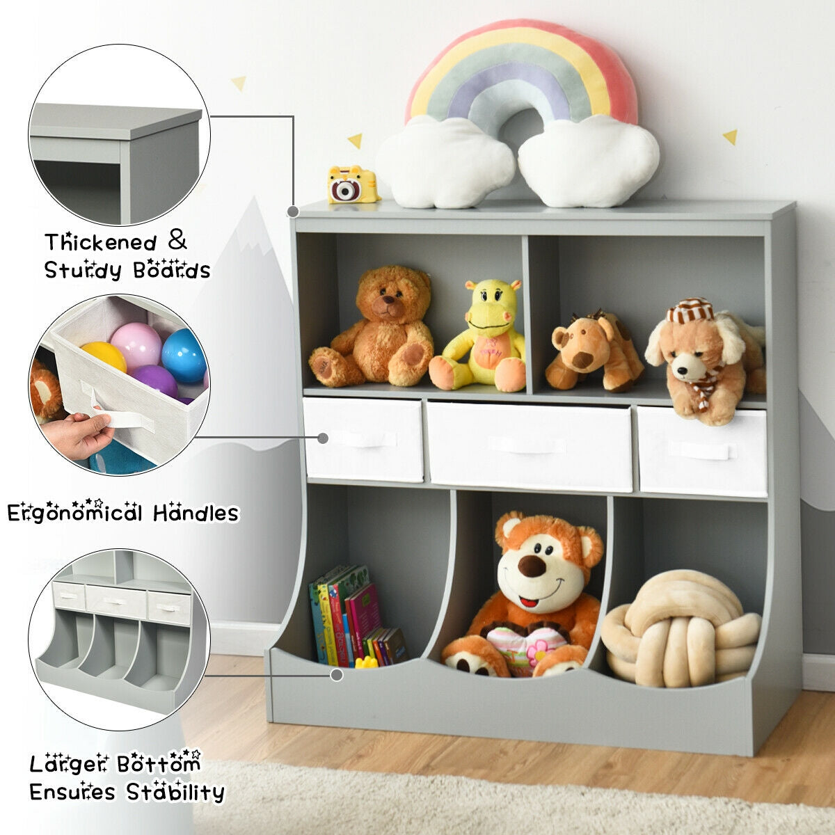 Freestanding Storage Cubby Bin Organizer Unit with 3 Baskets - Gray Variation