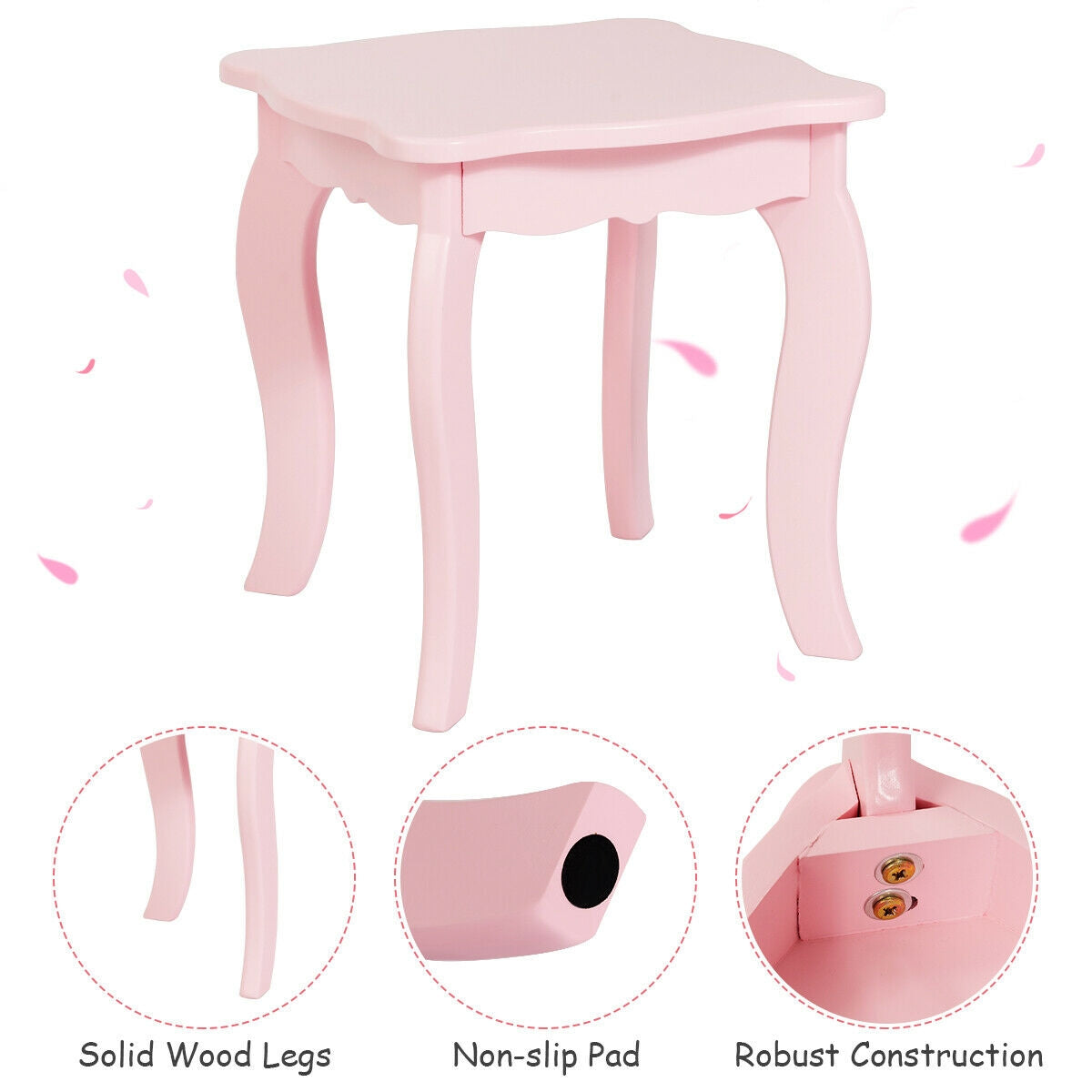 Kids Vanity Dressing Table with Tri-Fold Mirror and Chair - Pink, No Lights & Mirror