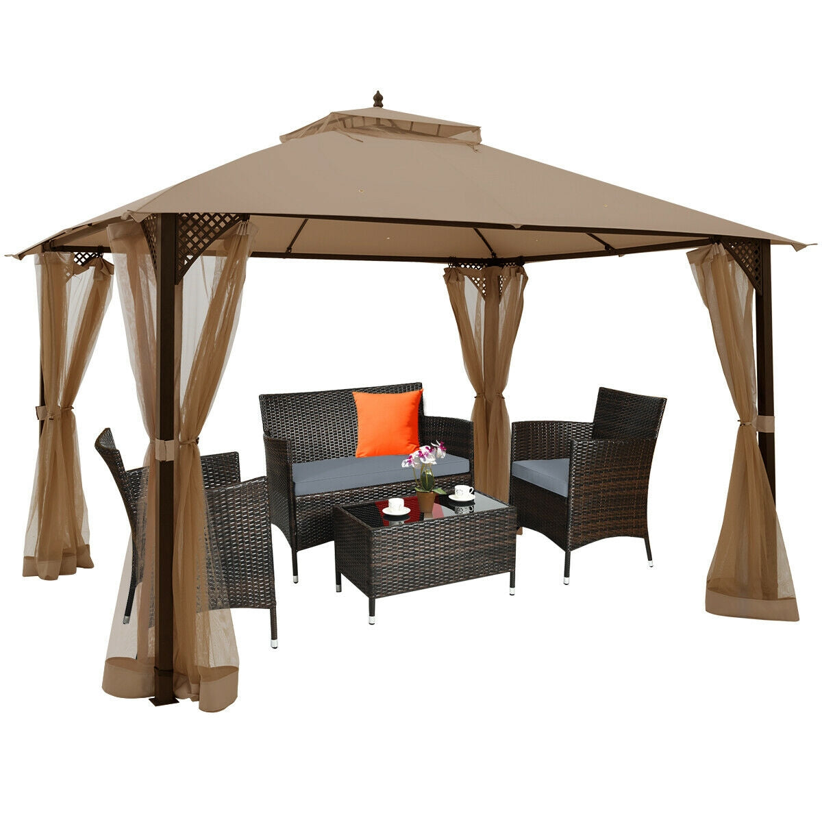 12 x 10 Patio Gazebo with Netting - Brown