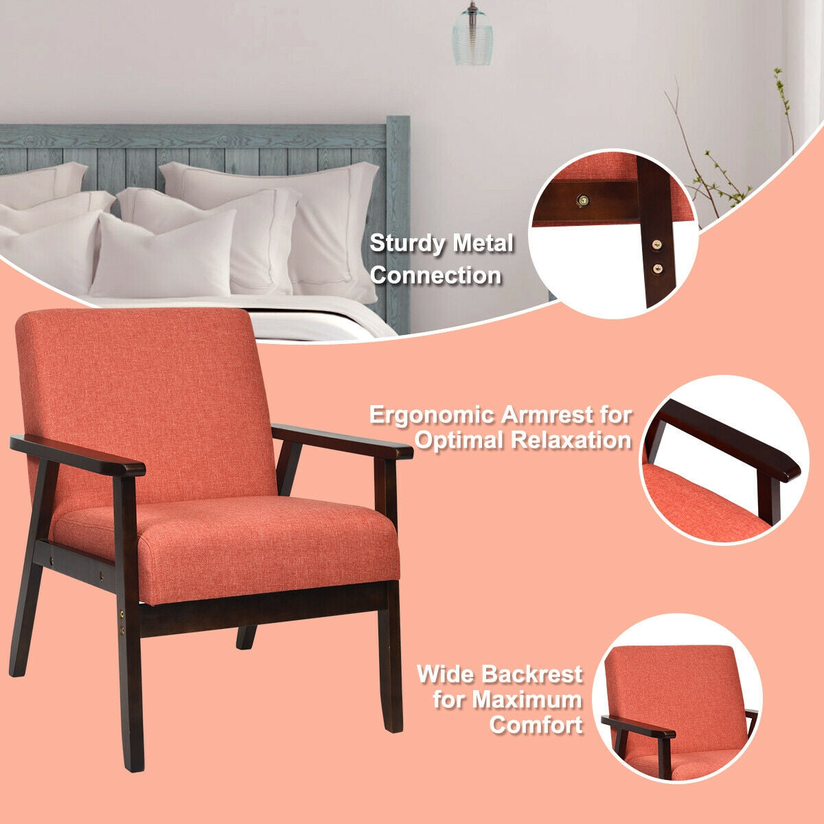 Mid-Century Retro Fabric Accent Armchair - Orange