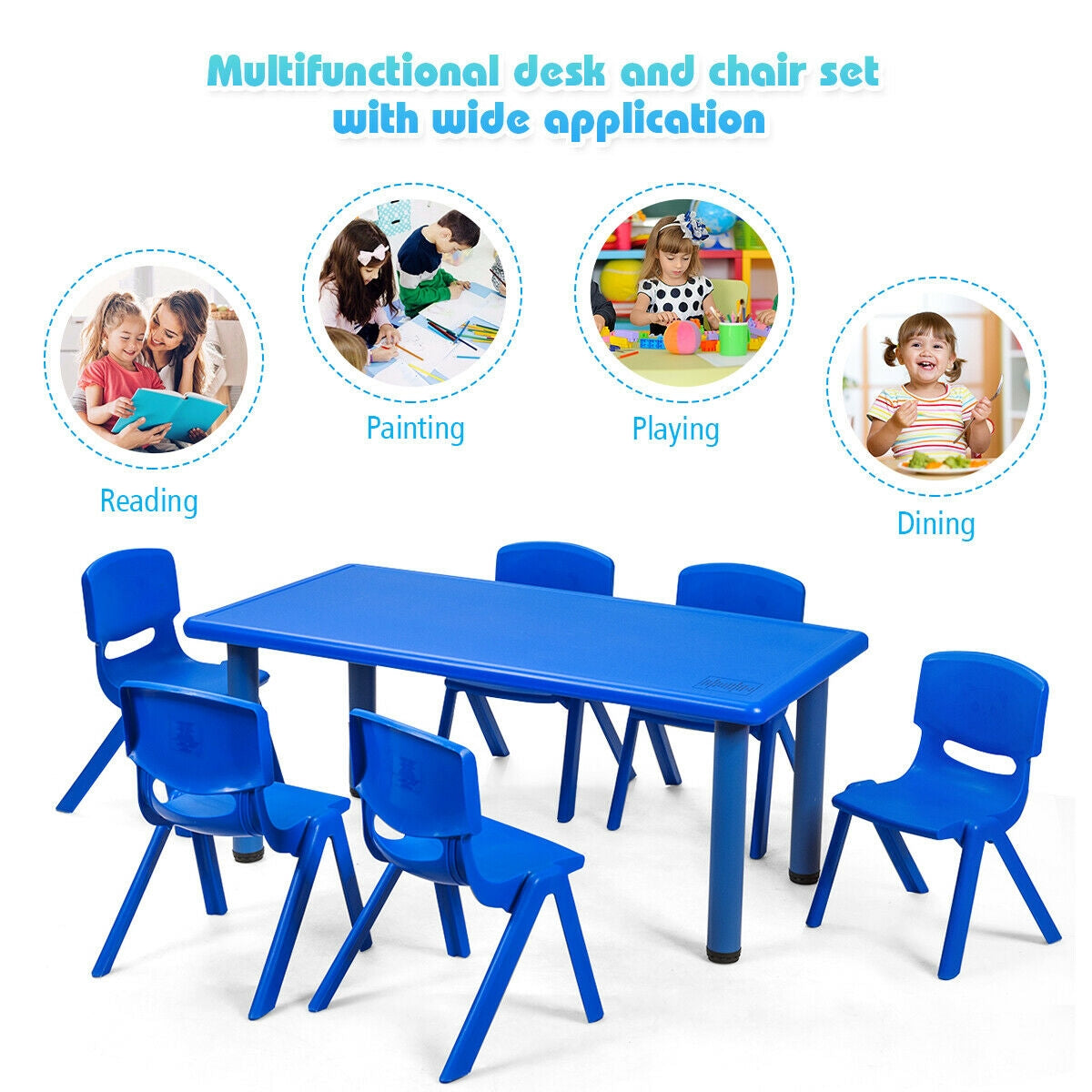 Kids Plastic Stackable Classroom Chairs - Set of 6, Blue, Kid-Sized, Indoor & Outdoor Use