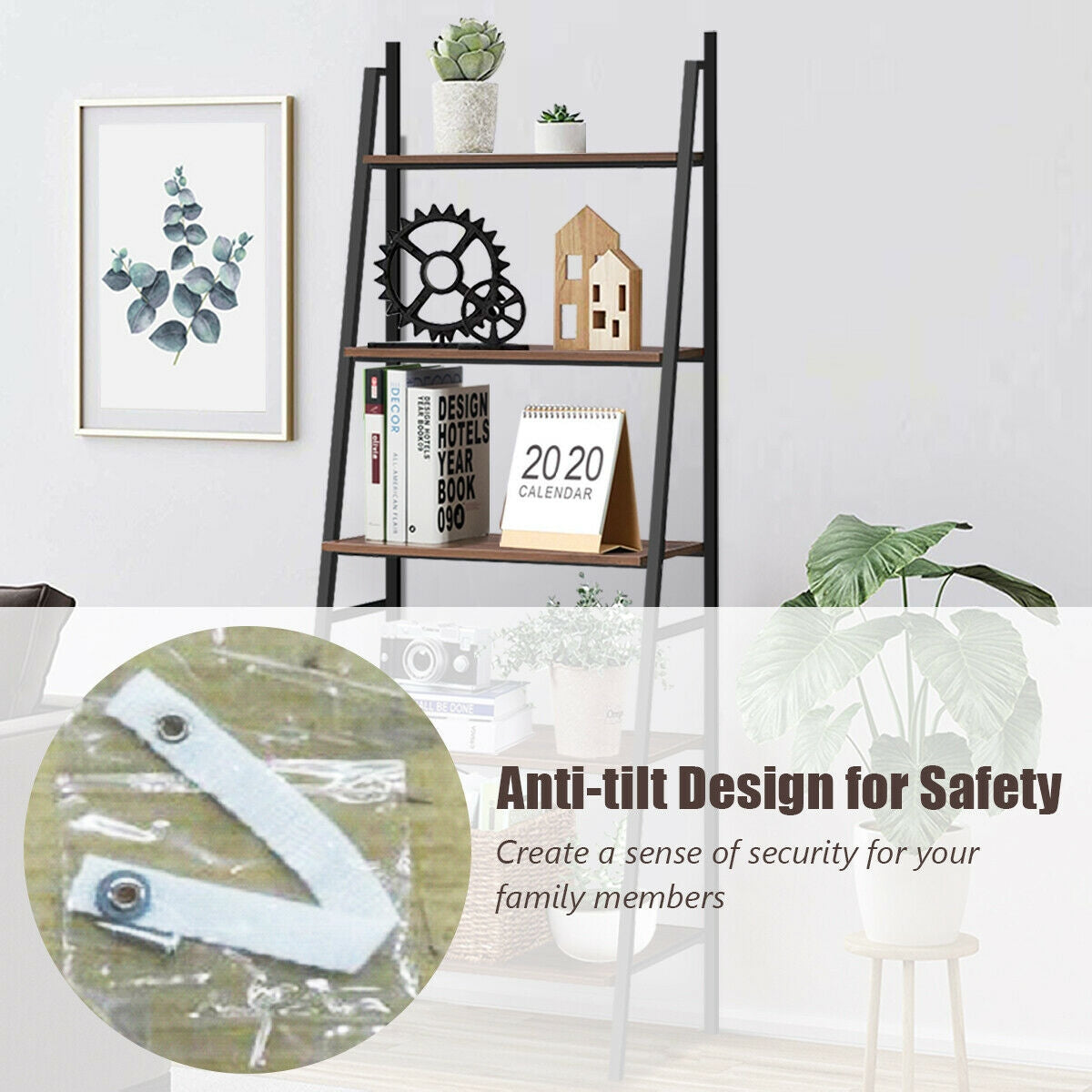 5-Tier Leaning Bookshelf Wood Metal Bookcase