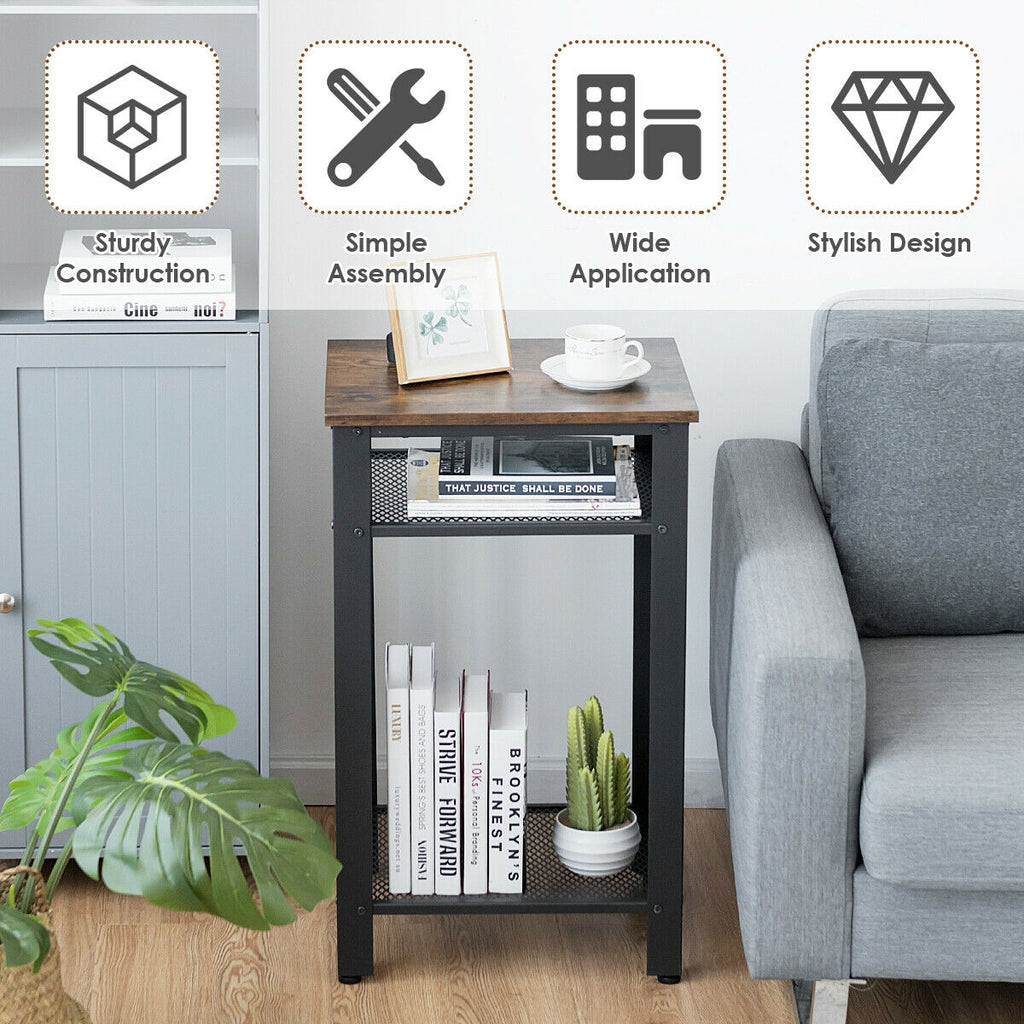3-Tier Industrial End Table with Metal Mesh Shelves