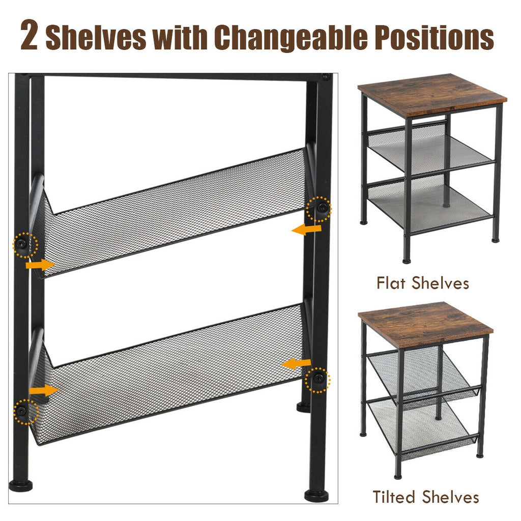 3-Tier Industrial End Table with Mesh Shelves – Adjustable