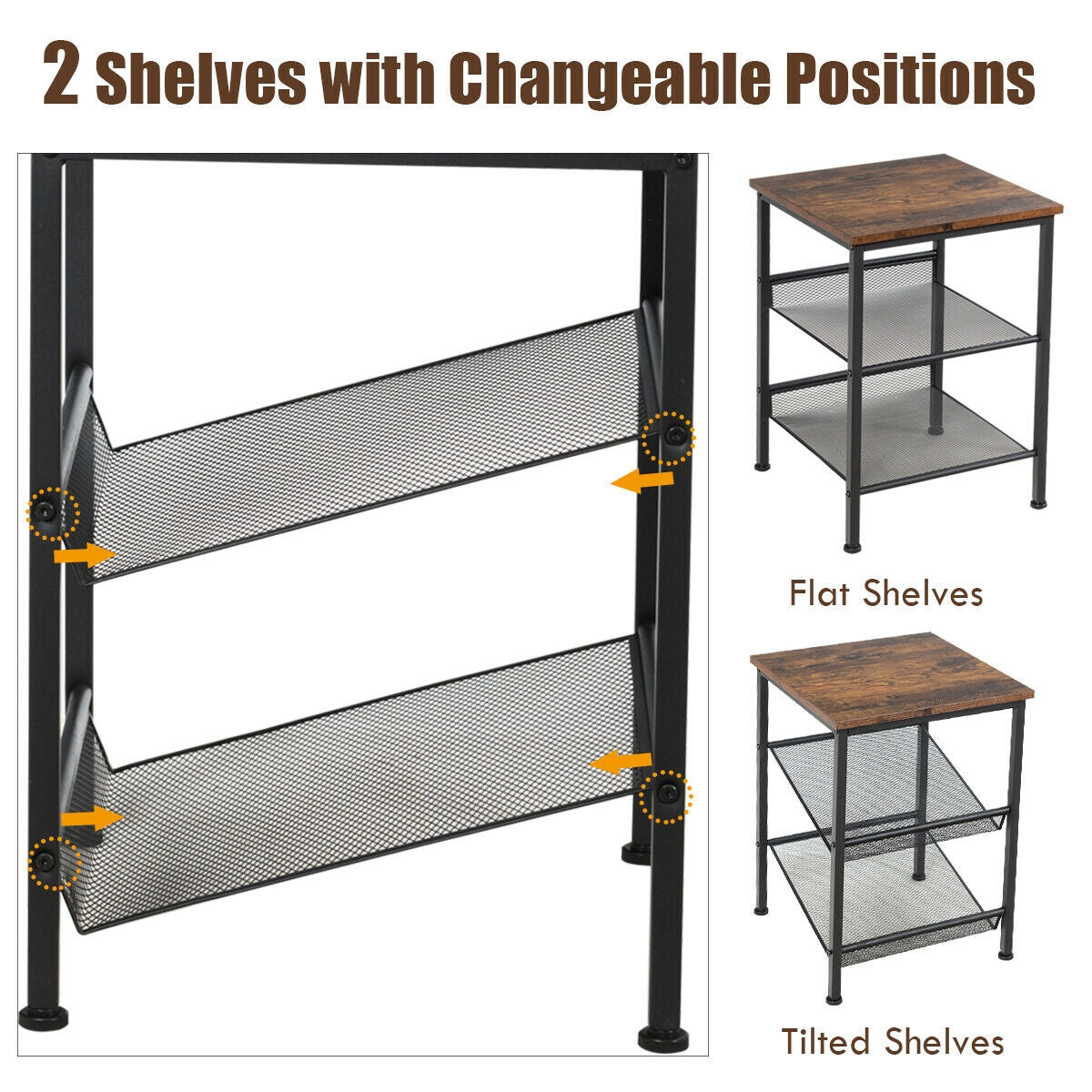 3-Tier Industrial End Table with Mesh Shelves – Adjustable