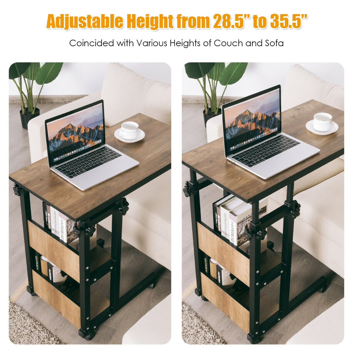 C-Shape Mobile End Table with Storage Shelves