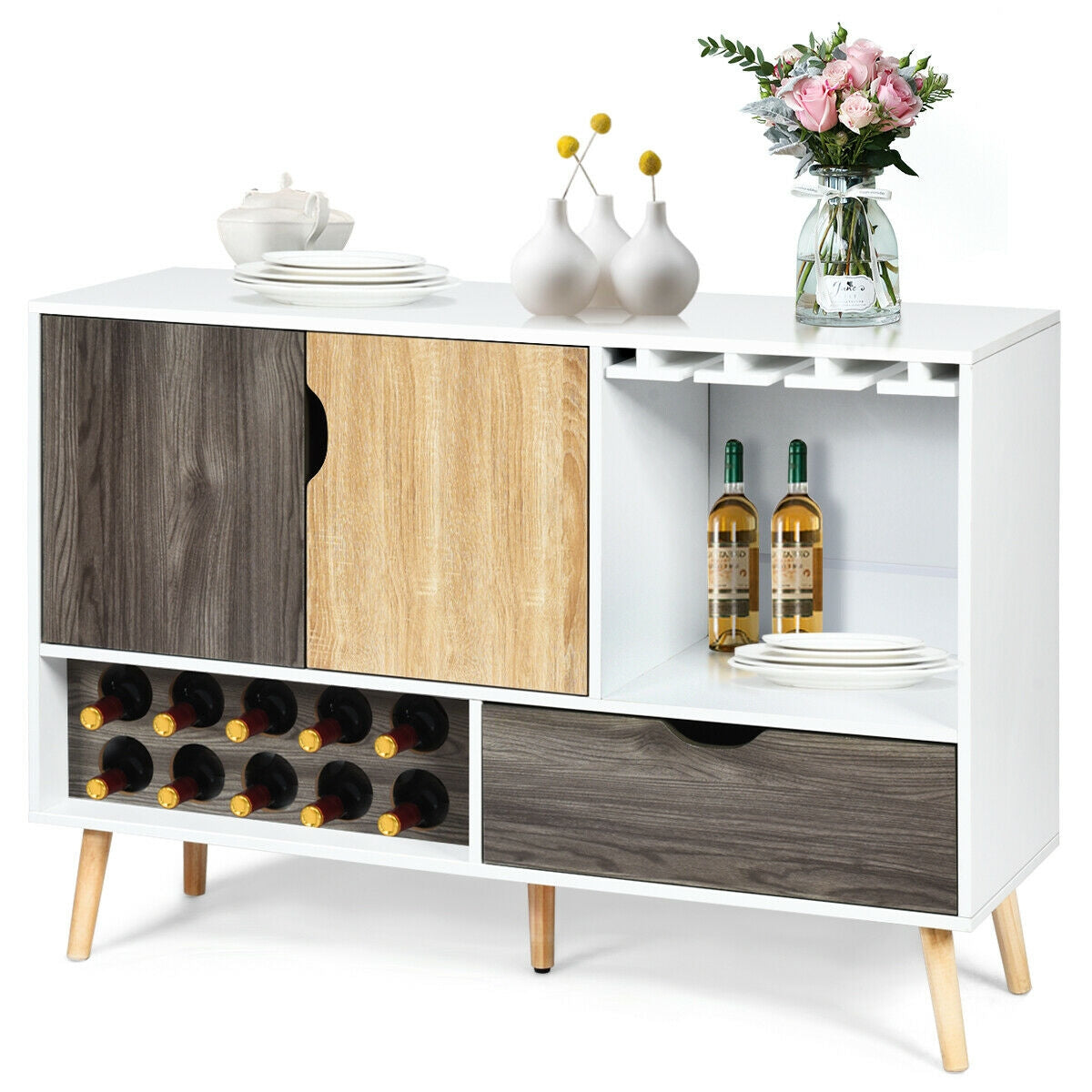 Mid-Century Sideboard with Wine Rack - Wooden Storage Cabinet