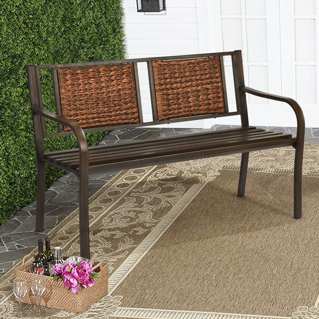 Patio Garden Bench with PE Rattan & Steel Frame - Style 2