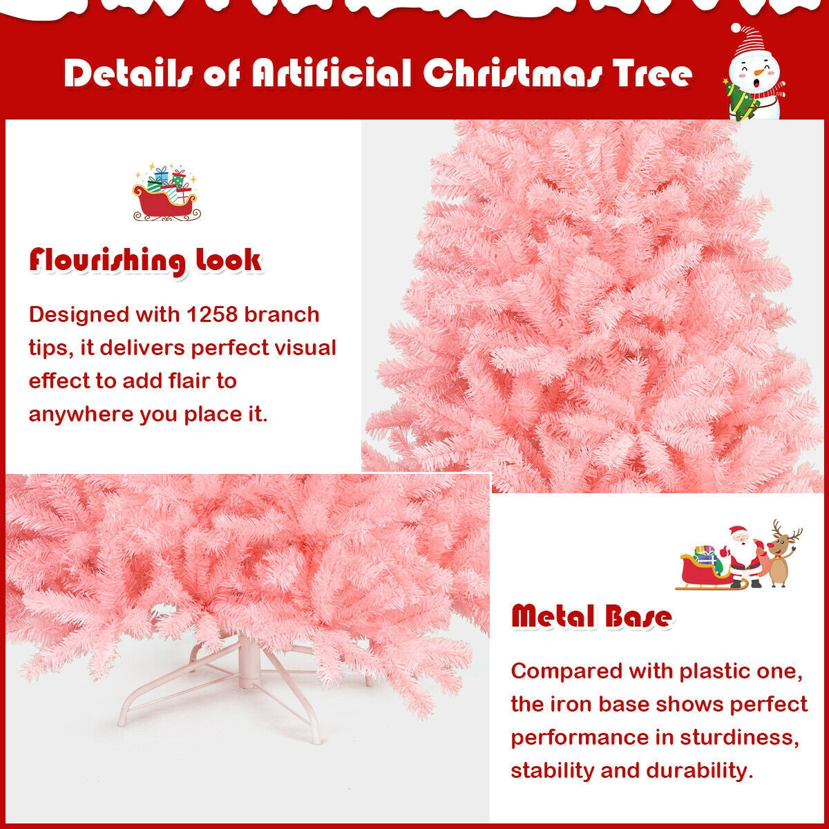 Hinged Artificial Christmas Tree 7.5 Feet Full Fir Tree Pink Holiday Decor