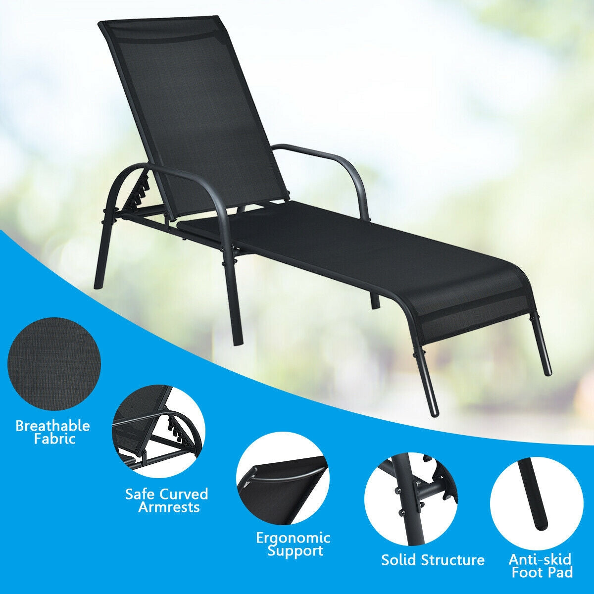 Adjustable Patio Chaise Lounge Chair with Backrest - Black