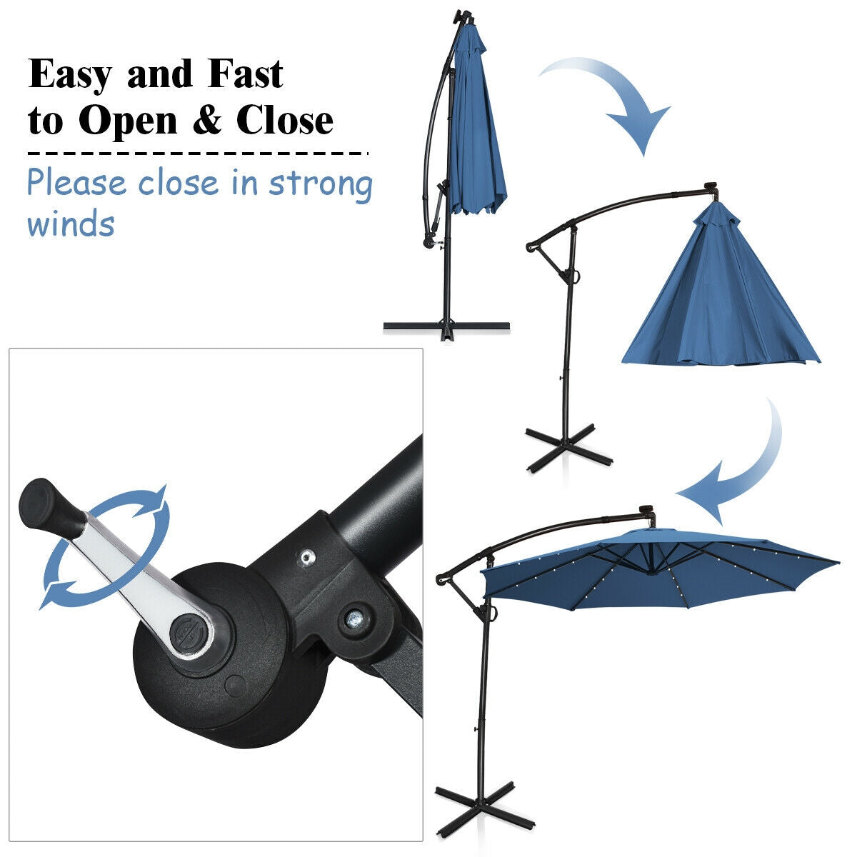 10 x 8 Feet Solar LED Patio Umbrella, 360° Rotation, Blue