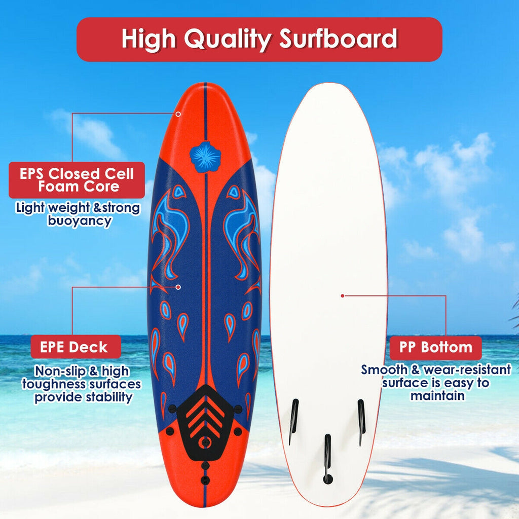 6 Feet Surfboard with Detachable Fins - Lightweight Body Board, Red - Costway