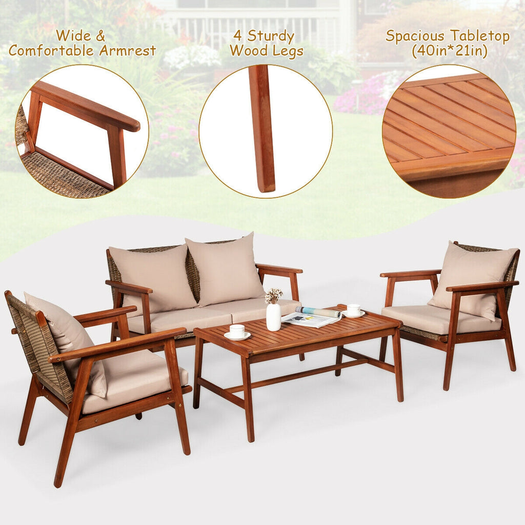 4-Piece Acacia Wood Patio Rattan Furniture Set with Cushions - Brown