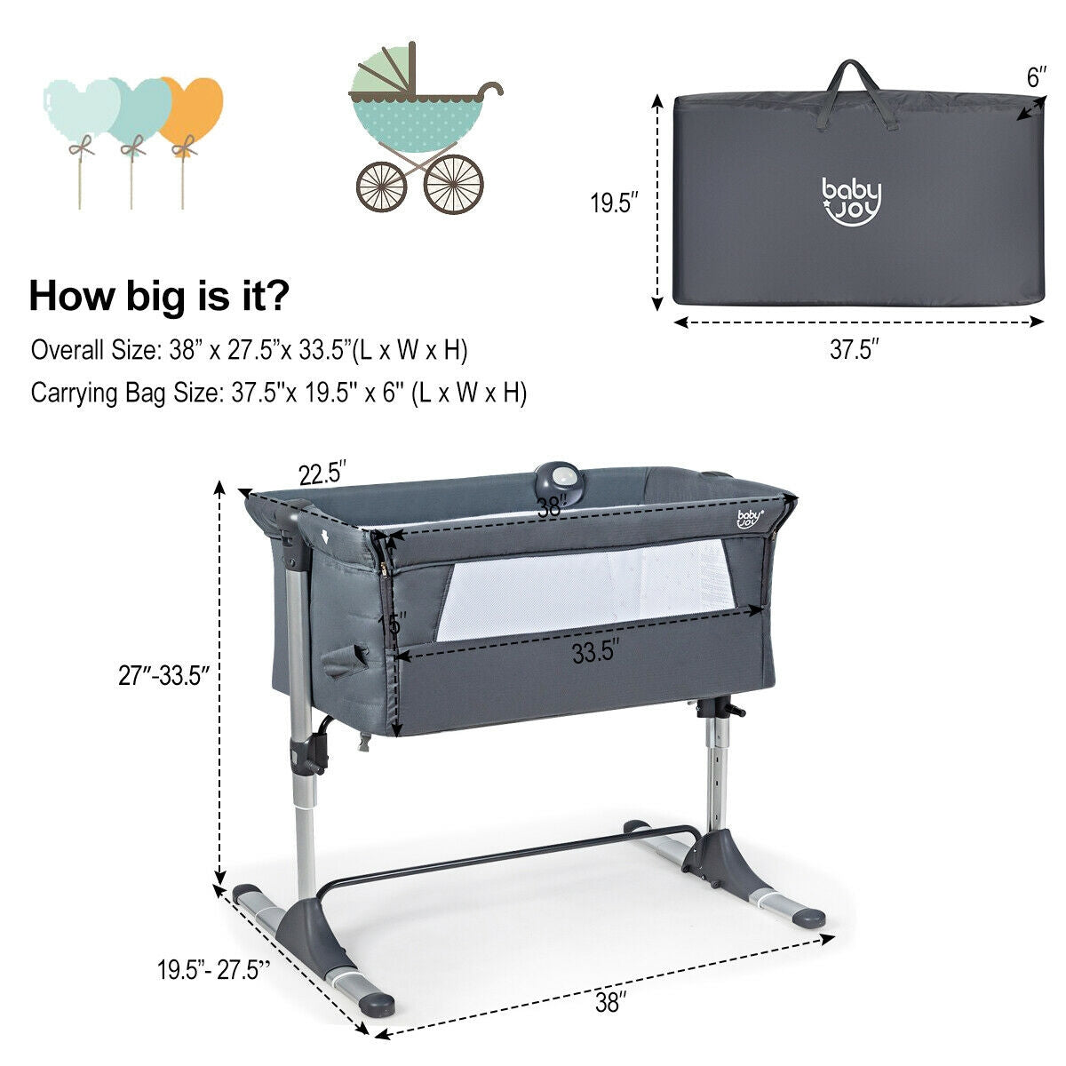 Height Adjustable Baby Side Crib with Music Box & Toys - Dark Gray