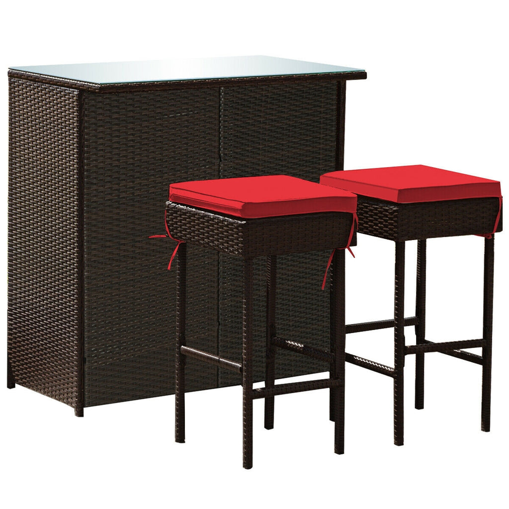 3 Pieces Outdoor Rattan Wicker Bar Set with 2 Cushions Stools