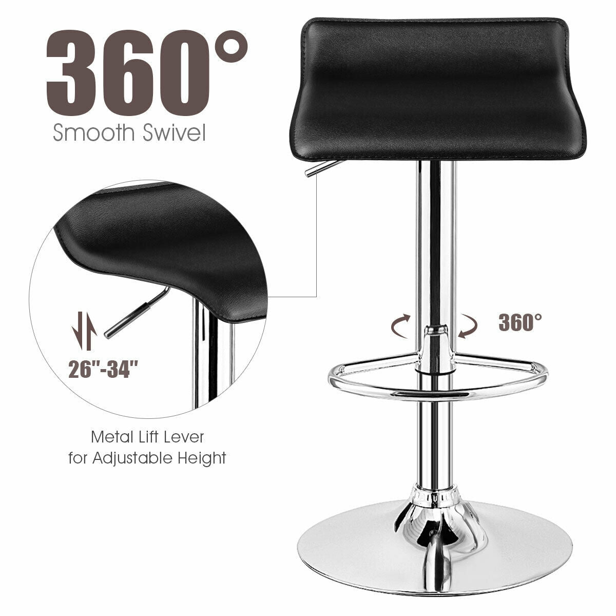 Adjustable PU Leather Bar Stools Set of 2 - Black