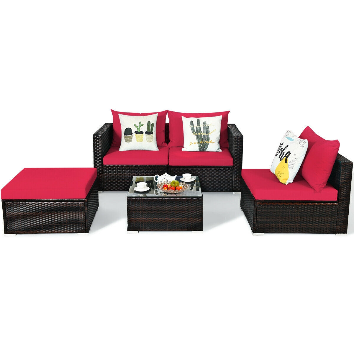 5 Pieces Patio Rattan Sectional Furniture Set with Cushions and
