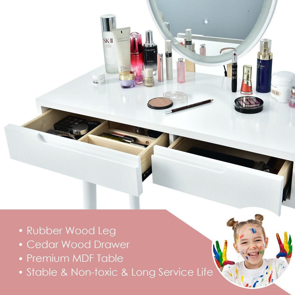 Lighted Makeup Vanity Table with Stool - White