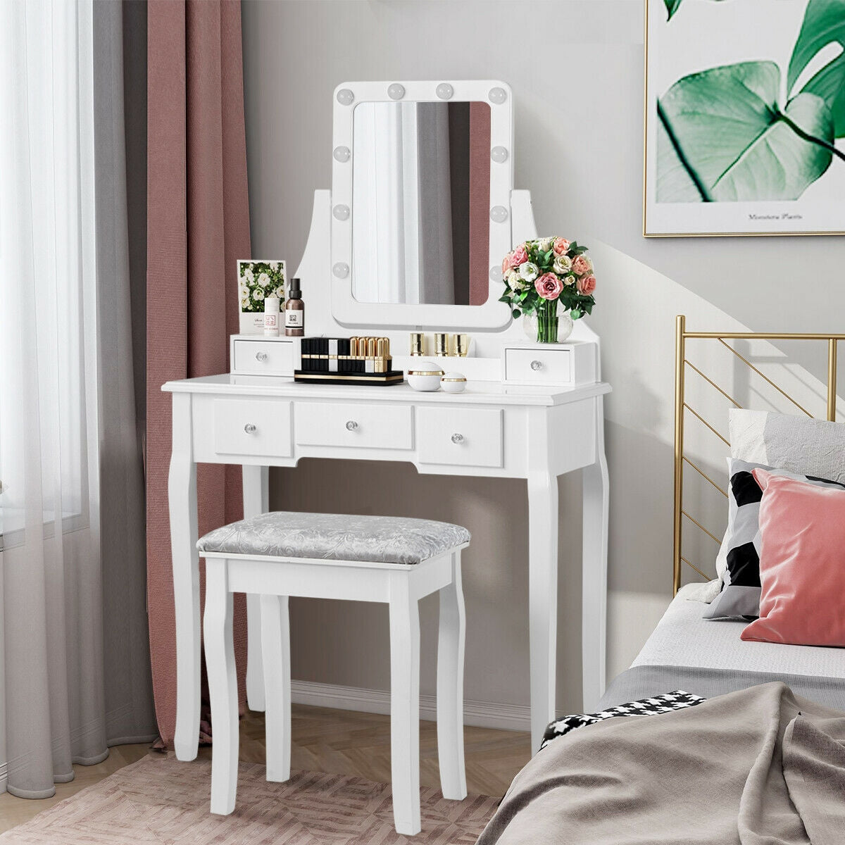 Dressing Table with 10 Dimmable Bulbs and Cushioned Stool, White