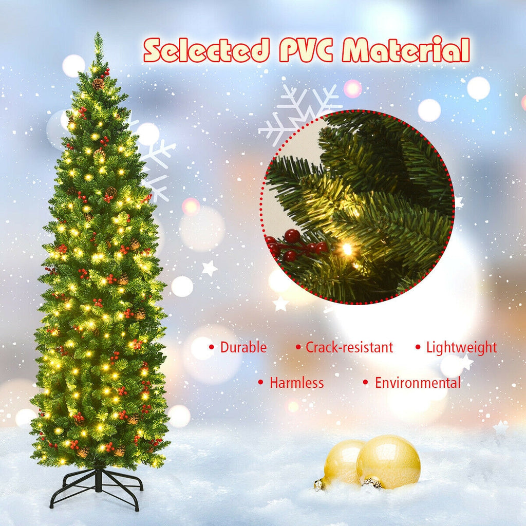 Pre-lit Artificial Christmas Tree 6.5Ft Slim Hinged Pencil Tree with Lights & Decorations