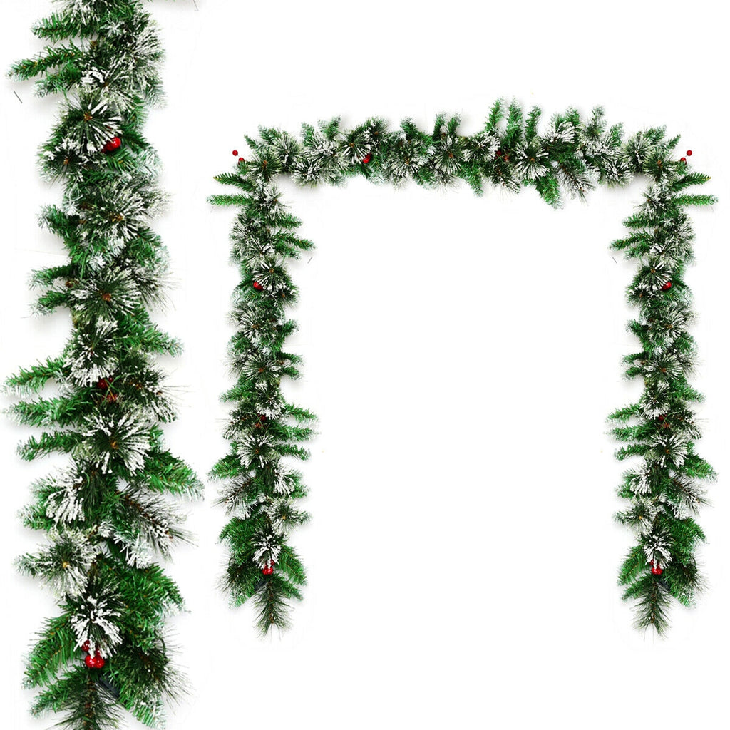 9 Feet Pre-lit Snow Flocked Christmas Garland with Red Berries - Indoor Outdoor Decor