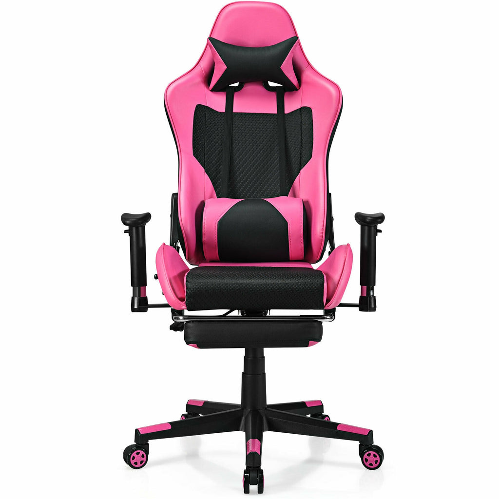 PU Leather Gaming Chair with USB Massage Lumbar Pillow, Footrest – Type-C, Pink