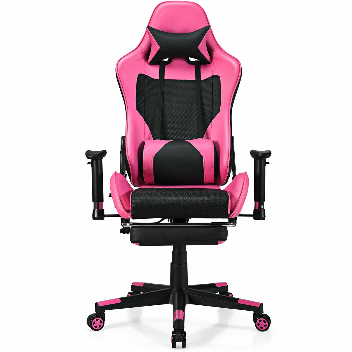 PU Leather Gaming Chair with USB Massage Lumbar Pillow, Footrest – Type-C, Pink