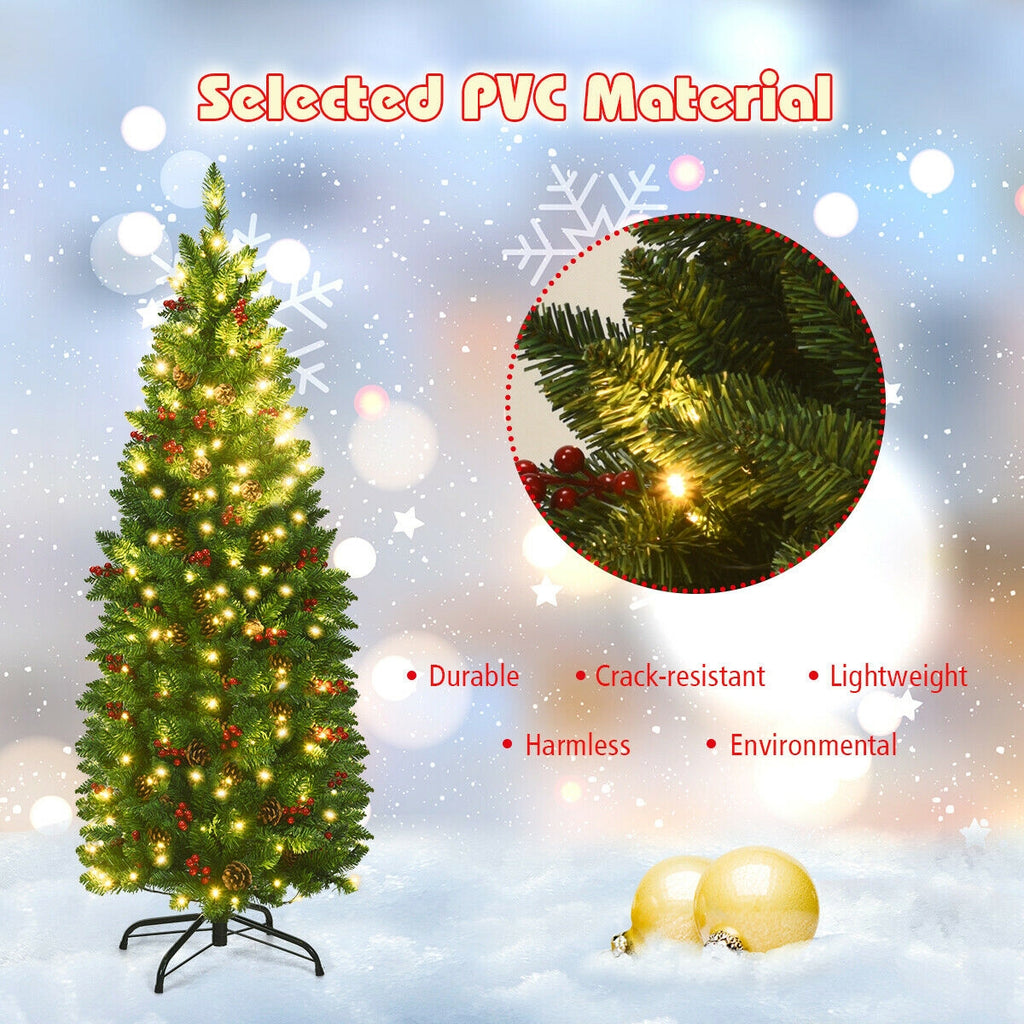 Pre-lit Hinged Pencil Christmas Tree with Pine Cones & Red Berries - 4.5 Feet