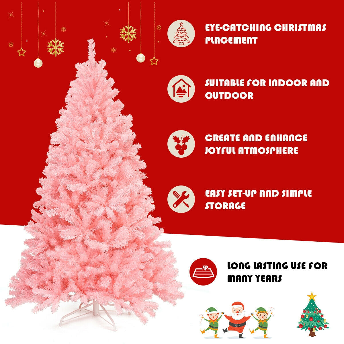 Pink Artificial Christmas Tree with Foldable Metal Stand - 6 Feet Hinged Full Tree