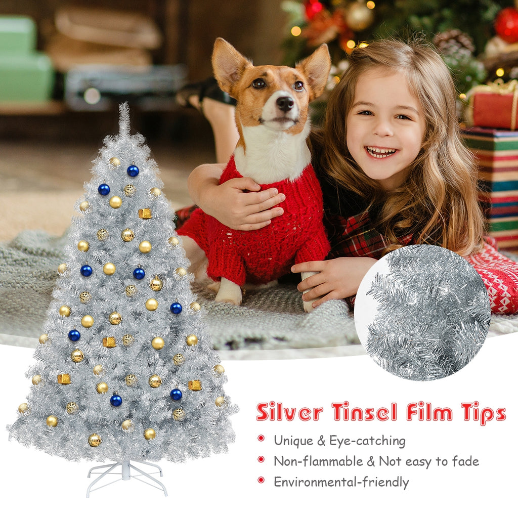 6 Feet Silver Artificial Christmas Tree with Metal Stand - Hinged Unlit Holiday Decor
