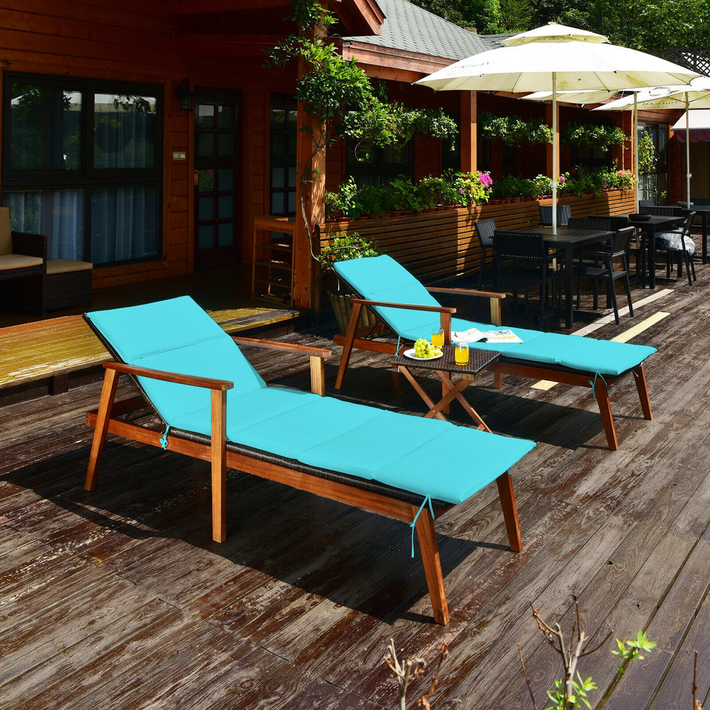 3 Pieces Portable Patio Cushioned Rattan Lounge Chair Set with