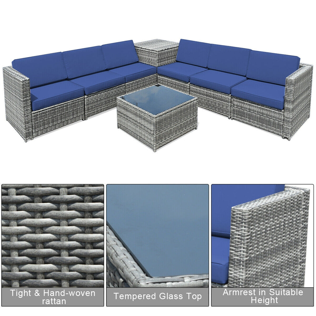 8-Piece Rattan Sofa Set with Storage Table - Gray Navy