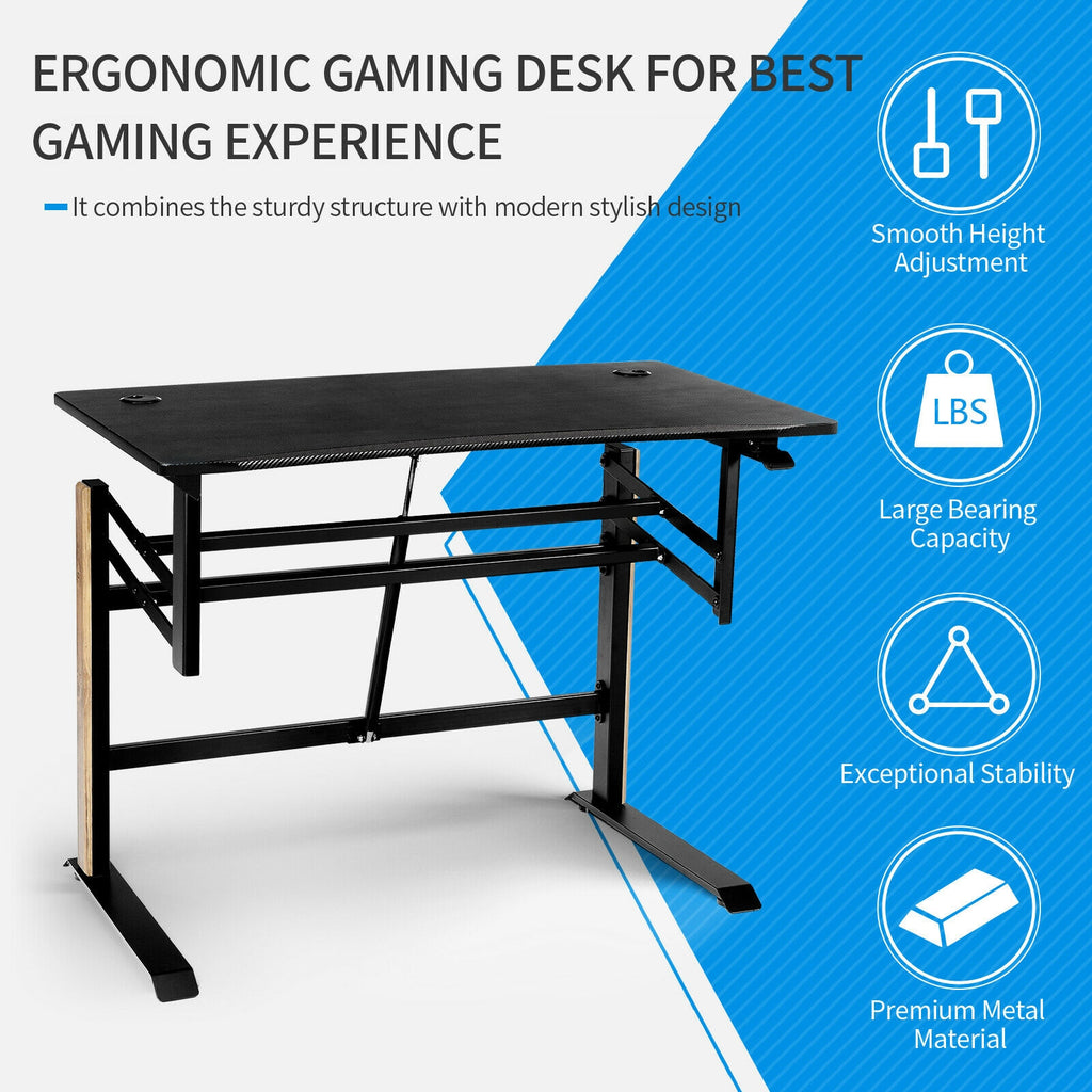 Pneumatic Height Adjustable Gaming Desk T Shaped - Black