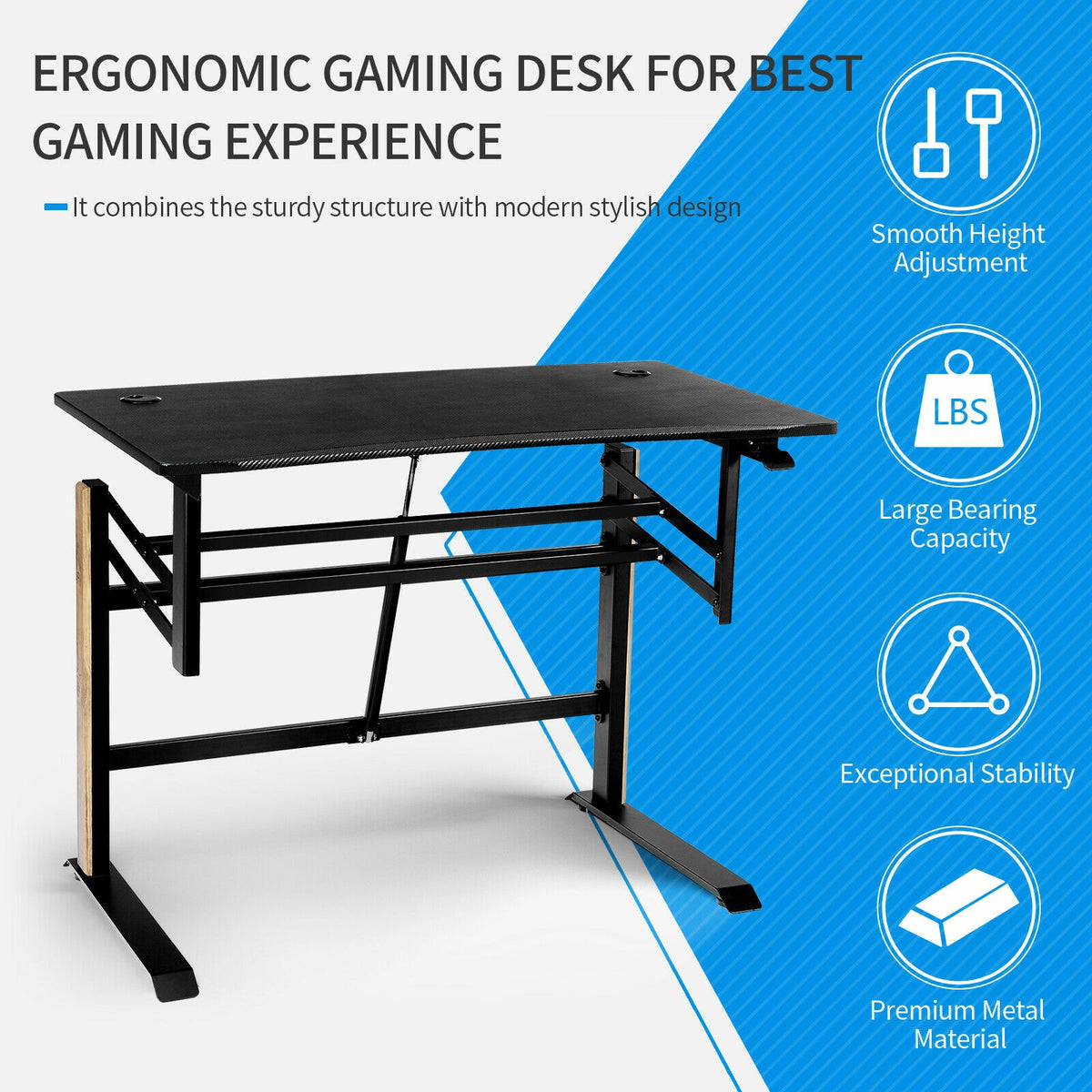 Pneumatic Height Adjustable Gaming Desk T Shaped - Black
